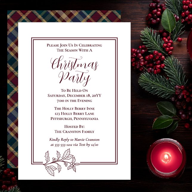 Cartão De Festividades Elegant Holly | Festa de Natal de Berries Rich Xad (Elegant Holly and Berries with Rich Plaid Christmas Party Invitations - White | Dark Cranberry Red)