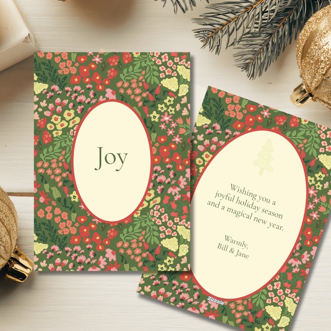 Cartão De Festividades Elegant JOY Holiday Flat Card – Custom Message (Elegant Floral Holiday Flat Card with Personalization)
