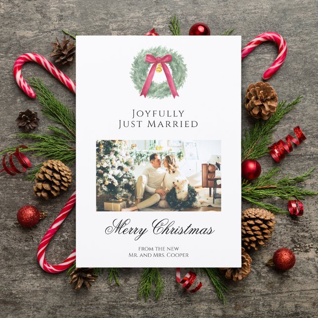 Cartão De Festividades Elegant Just Married Newlywed Christmas Photo Card (Criador carregado)