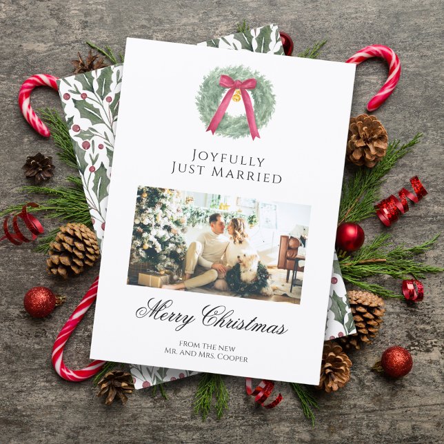 Cartão De Festividades Elegant Just Married Newlywed Christmas Photo Card (Criador carregado)