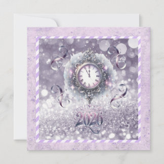 Cartão De Festividades Elegant Lavender New Year 2026, Clock, Ribbons