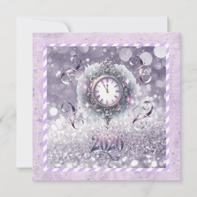 Cartão De Festividades Elegant Lavender New Year 2026, Clock, Ribbons (Frente)