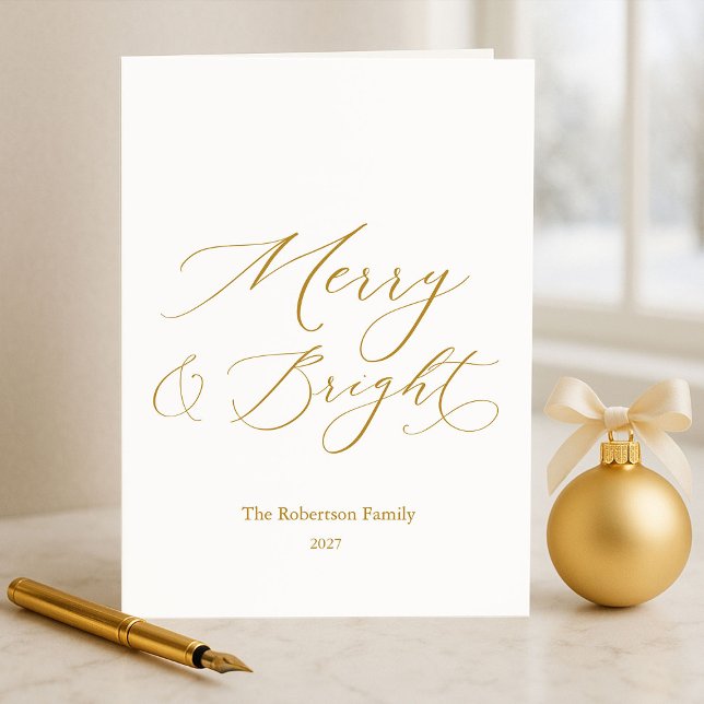 Cartão De Festividades Elegant Merry & Bright Gold Script Christmas (Criador carregado)
