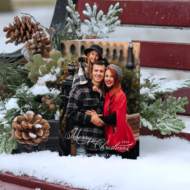 Cartão De Festividades Elegant Merry Christmas Calligraphy 1-Photo (Criador carregado)