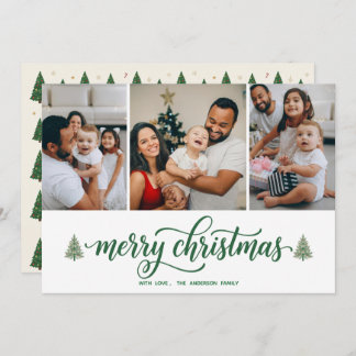 Cartão De Festividades Elegant Merry Christmas Family 3 Photos Flat Card