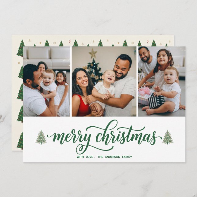 Cartão De Festividades Elegant Merry Christmas Family 3 Photos Flat Card (Frente/Verso)