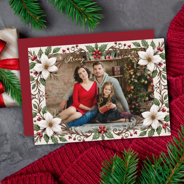 Cartão De Festividades Elegant Merry Christmas Floral Frame Custom Photo (Elegant Merry Christmas Floral Frame Custom Photo Holiday Card
)
