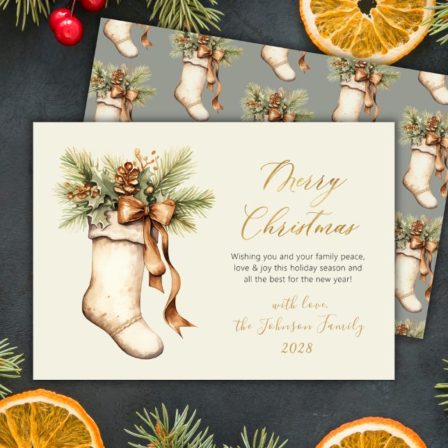 Cartão De Festividades Elegant Merry Christmas Script Watercolor Stocking (Criador carregado)