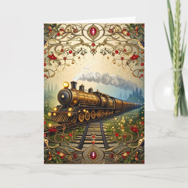 Cartão De Festividades Elegant Merry Christmas Victorian Nostalgic Train (Frente)