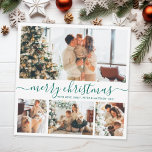 Cartão De Festividades Elegant Minimalist 4 Photo Collage Christmas Holid<br><div class="desc">Elegant Calligraphy Minimalist 4 Photo Collage Merry Christmas Script Holiday Card. This festive, mimimalist, whimsical four (4) photo holiday card template features a pretty photo collage and says „Merry Christmas”! The „Merry Christmas” greeting text is written in a beautiful hand lettered swirly swash-tail font type in teal green on white...</div>