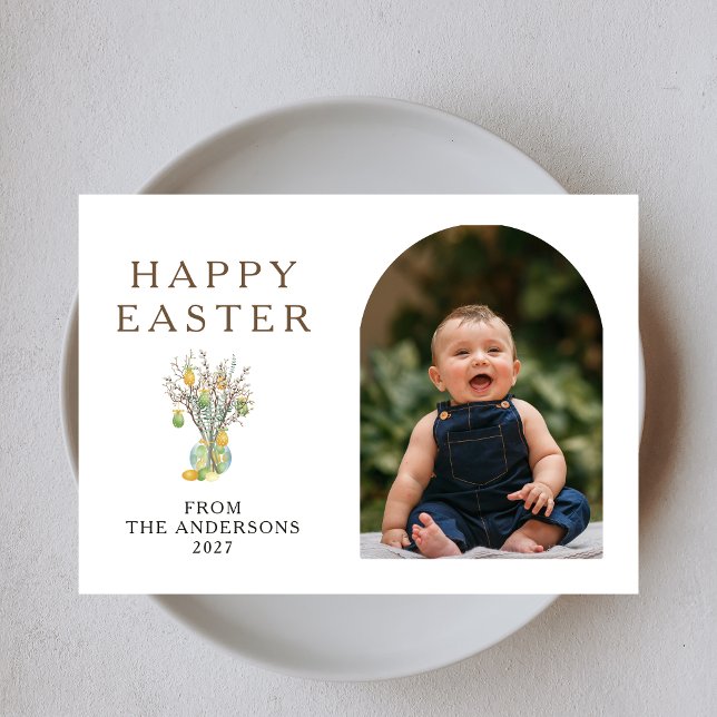 Cartão De Festividades Elegant Minimalist Easter Egg Branch Photo (Criador carregado)