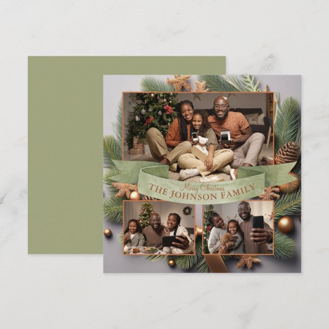 Cartão De Festividades Elegant Modern 3 Photo Family Christmas Evergreen (Frente/Verso)