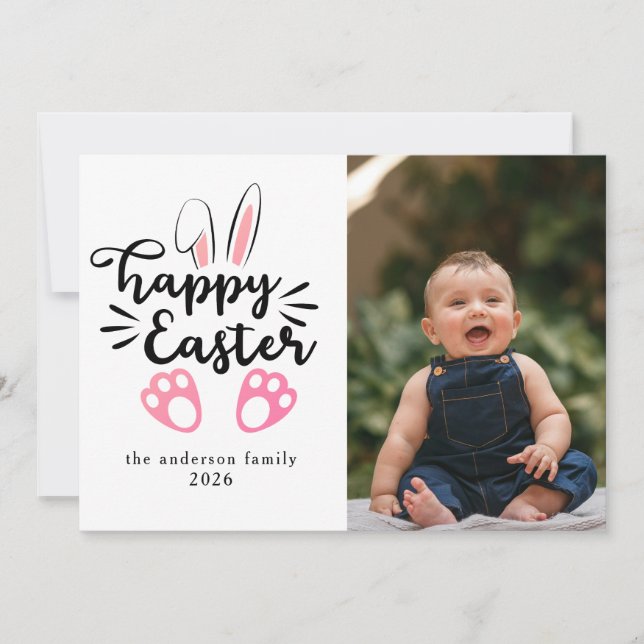 Cartão De Festividades Elegant Modern Bunny Happy Easter Photo (Frente)