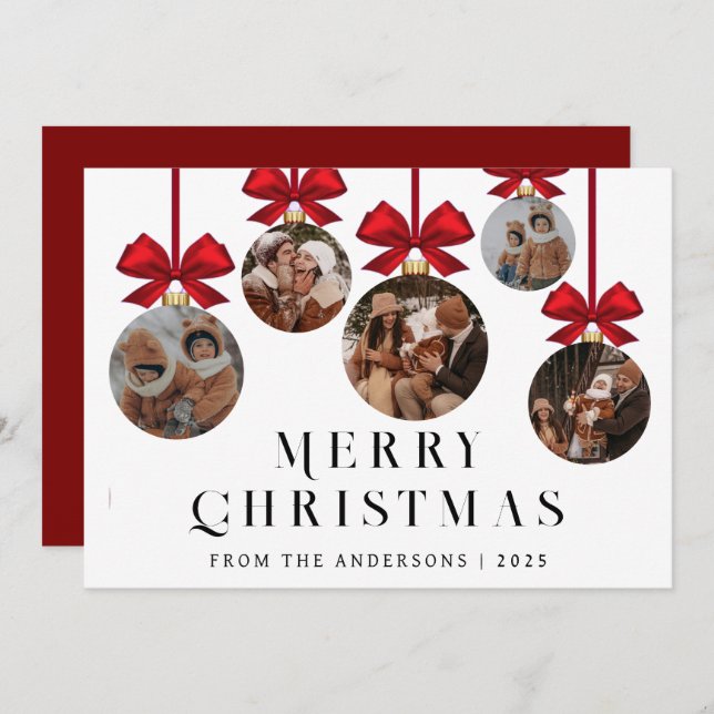 Cartão De Festividades Elegant Modern Christmas Family 5 Ornament Photo (Frente/Verso)