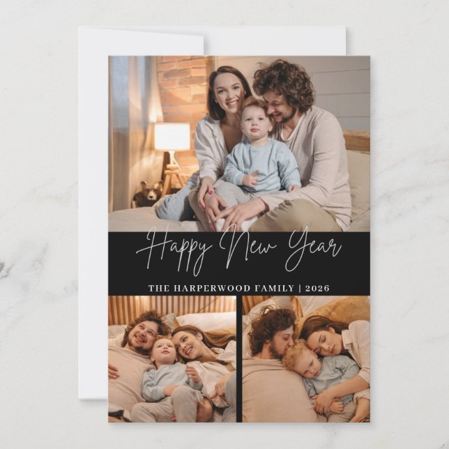 Cartão De Festividades Elegant Modern Happy New Year Black 3 Collage (Frente)