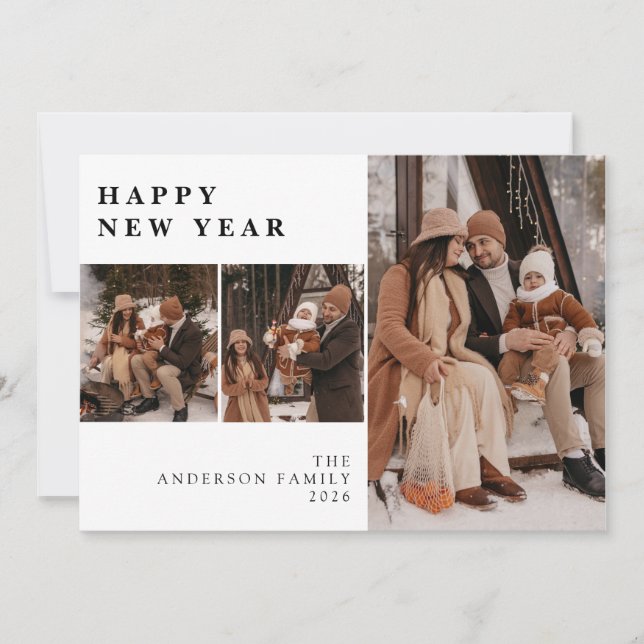 Cartão De Festividades Elegant Modern Happy New Year Family 3 Photo  (Frente)