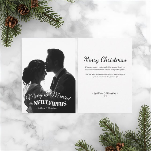 Cartão De Festividades Elegant Modern Minimalist Black And White Newlywed (Modern Elegant Black And White Newlyweds First Christmas Card)