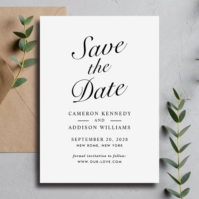 Cartão De Festividades Elegant Modern Script Black + White Save The Date  (Elegant Modern Script Black + White Save The Date Holiday Card)