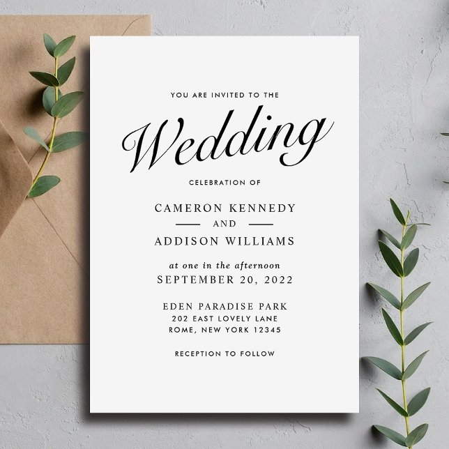 Cartão De Festividades Elegant Modern Script Black + White Wedding Invite (Elegant Modern Script Black + White Wedding Invite)