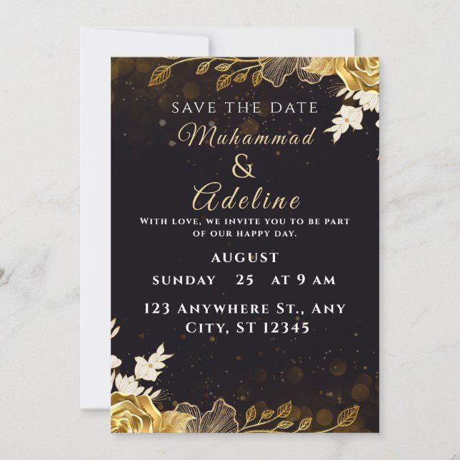 Cartão De Festividades Elegant Modern Wedding Invite – Black & White (Frente)