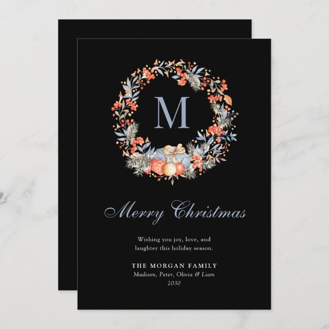 Cartão De Festividades Elegant Monogram Wreath Dusty Blue Modern (Frente/Verso)