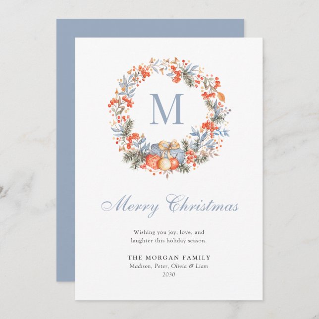 Cartão De Festividades Elegant Monogram Wreath Dusty Blue Modern (Frente/Verso)