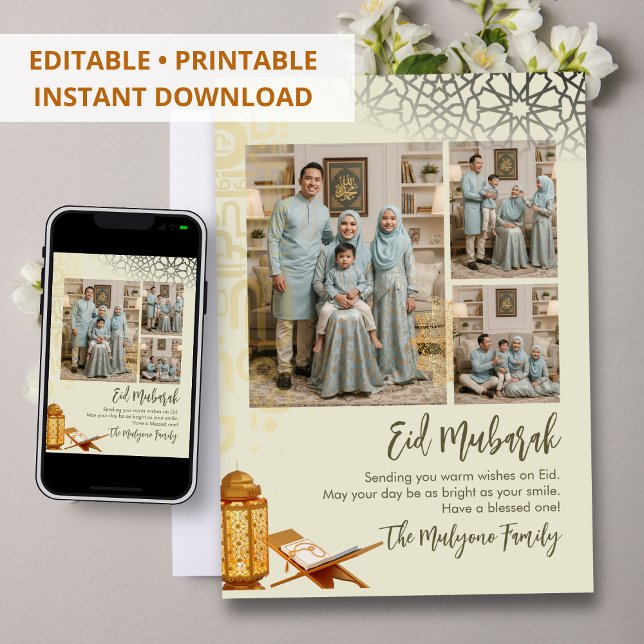 Cartão De Festividades Elegant Multi-Photo Geometric Islamic Eid Mubarak  (Criador carregado)