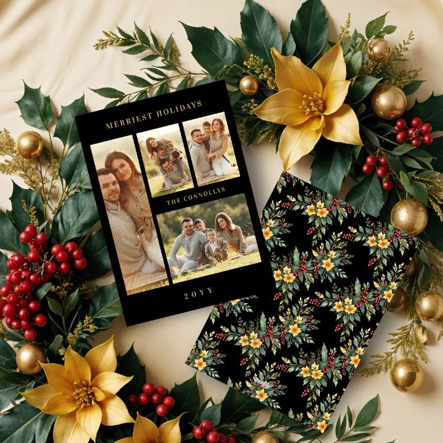 Cartão De Festividades Elegant Navy Blue & Gold Simple 4 Multi Photos (Elegant Black & Fake Gold Simple Classic 4 Multi Photos Collage Family Holidays Cards. )