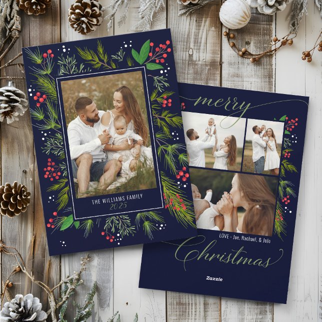 Cartão De Festividades Elegant Navy Christmas Greenery Wreath 4 Photo (Deep Navy elegant script Merry Christmas greenery wreath botanical frame unique 5 photo holiday card)