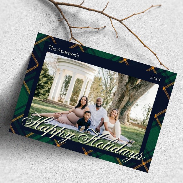 Cartão De Festividades Elegant Navy Green Plaid Happy Holidays (Criador carregado)