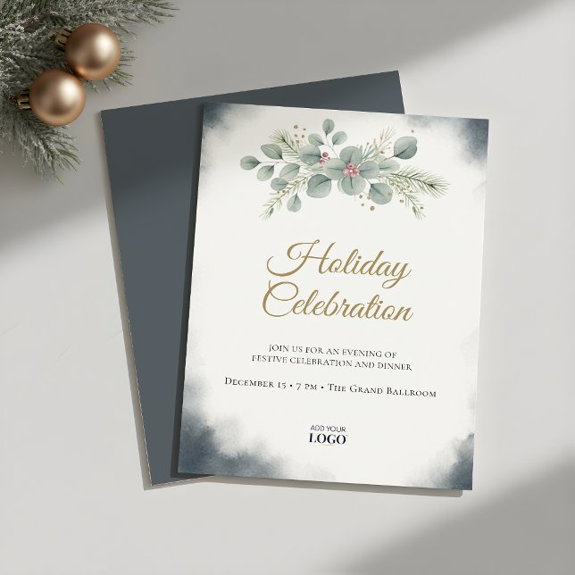 Cartão De Festividades Elegant Navy Watercolor Holiday Party Invitation (Criador carregado)