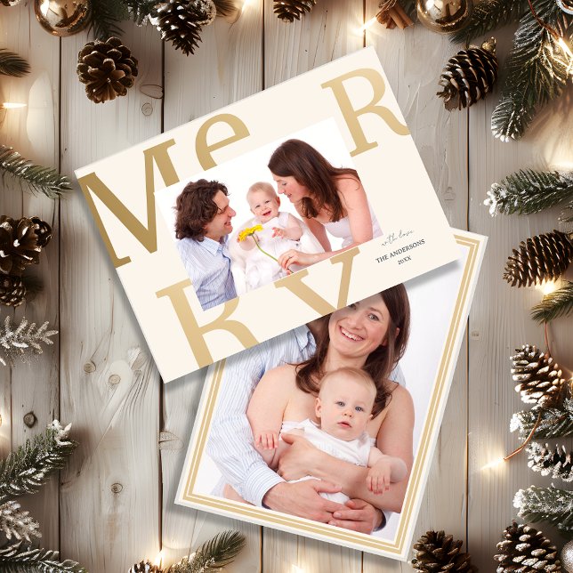 Cartão De Festividades Elegant Neutral “Merry” Modern Photo (Elegant Neutral “Merry” Modern Photo Holiday Card)