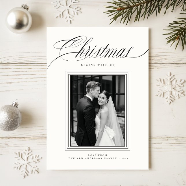 Cartão De Festividades Elegant Newlywed Black & White 2 Photo Christmas (Criador carregado)