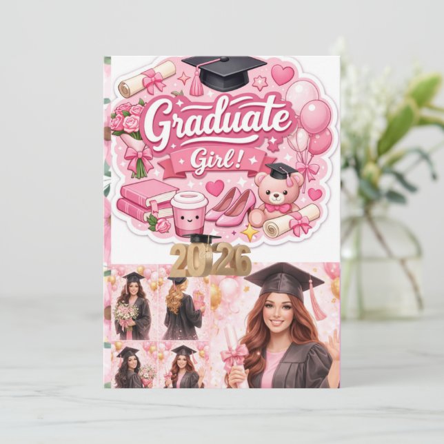 Cartão De Festividades Elegant Pink Floral Graduation Party baner (Em pé/Frente)