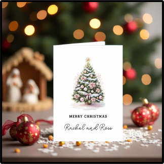 Cartão De Festividades Elegant Pink Modern Watercolor Christmas Tree