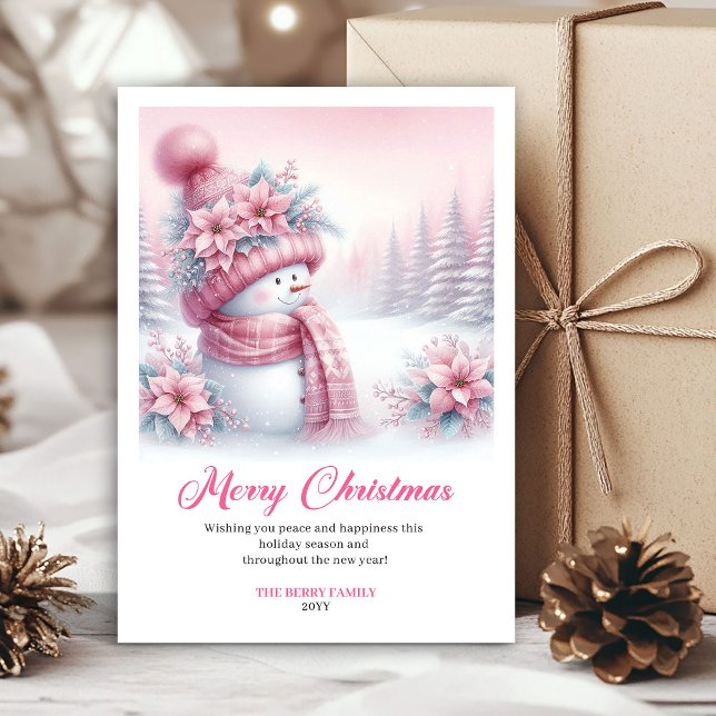 Cartão De Festividades Elegant Pink Snowman Kids Editable Christmas Card (Sparkly pink coquette snowman kids card, editable)