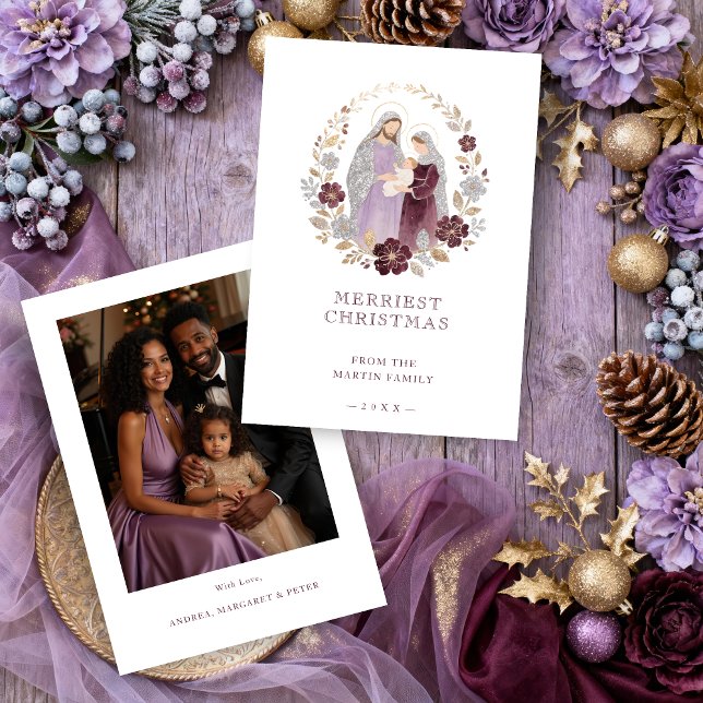 Cartão De Festividades Elegant Plum Holy Nativity Family Christmas Photo  (Elegant Plum Holy Nativity Family Christmas Holidays Cards with Back Family Photo. )