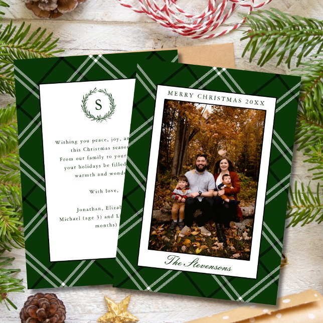 Cartão De Festividades Elegant Preppy Classic Green Plaid Christmas Photo (Criador carregado)