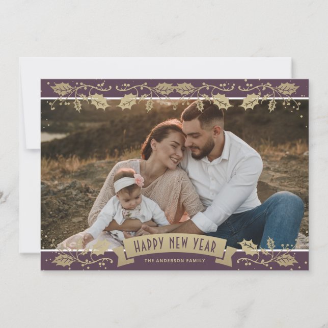 Cartão De Festividades Elegant Purple Botanical Photo New Year Card (Frente)