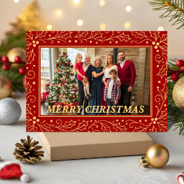 Cartão De Festividades Elegant Red & Antique-Gold Family Christmas Photo