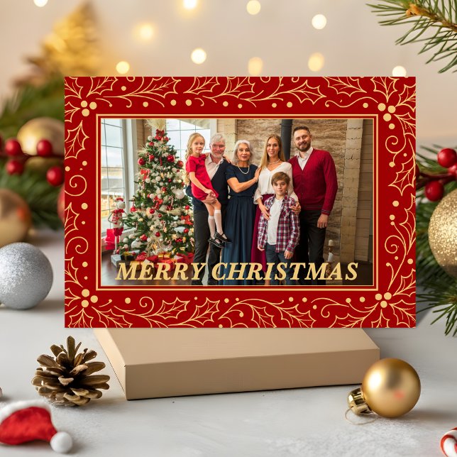 Cartão De Festividades Elegant Red & Antique-Gold Family Christmas Photo (Criador carregado)