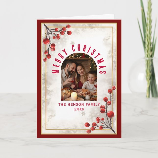 Cartão De Festividades Elegant Red Berries Family Photo Christmas Holiday (Frente)