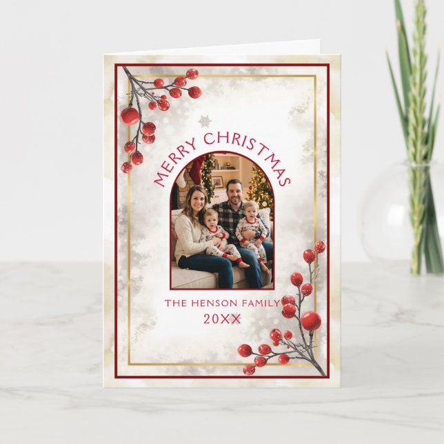 Cartão De Festividades Elegant Red Berries Family Photo Christmas Holiday (Frente)