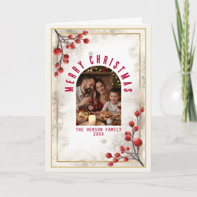 Cartão De Festividades Elegant Red Berries Family Photo Christmas Holiday (Frente)