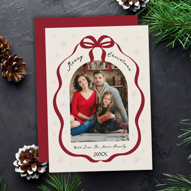 Cartão De Festividades Elegant Red Bow Frame Custom Arch Photo Christmas (Elegant Red Bow Frame Custom Arch Photo Christmas Holiday Card
)