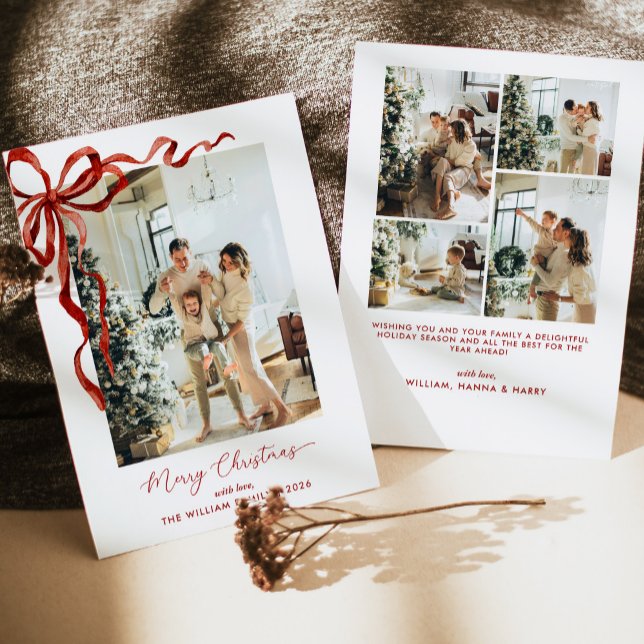Cartão De Festividades Elegant Red Bow Merry Christmas Photo (Criador carregado)
