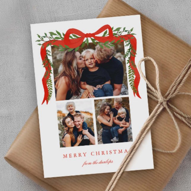 Cartão De Festividades Elegant Red Bow with Greenery 3 Photo Christmas (Elegant Red Bow with Greenery 3 Photo Christmas Holiday Cards.)