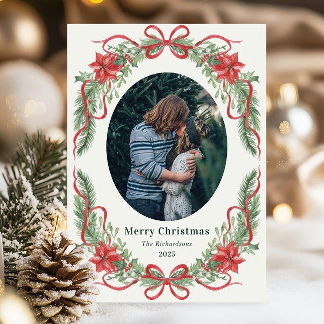 Cartão De Festividades Elegant Red Bow Wreath Christmas Photo Card (Criador carregado)