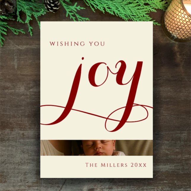 Cartão De Festividades Elegant Red Calligraphy Joy Arch Photo Christmas (Elegant red calligraphy script “joy”. Simple modern Christmas photo card. Arch photo on back. )