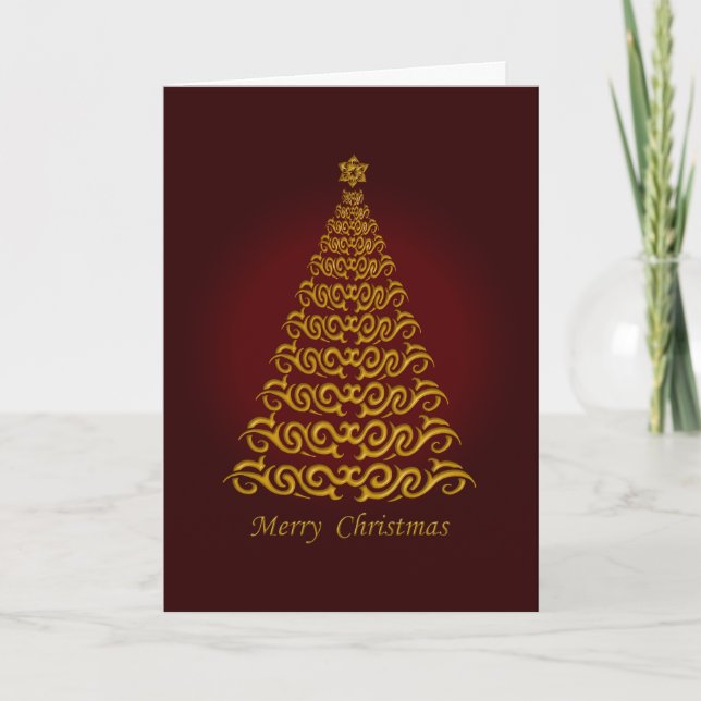 Cartão De Festividades Elegant Red Christmas Tree Greetings Card (Frente)